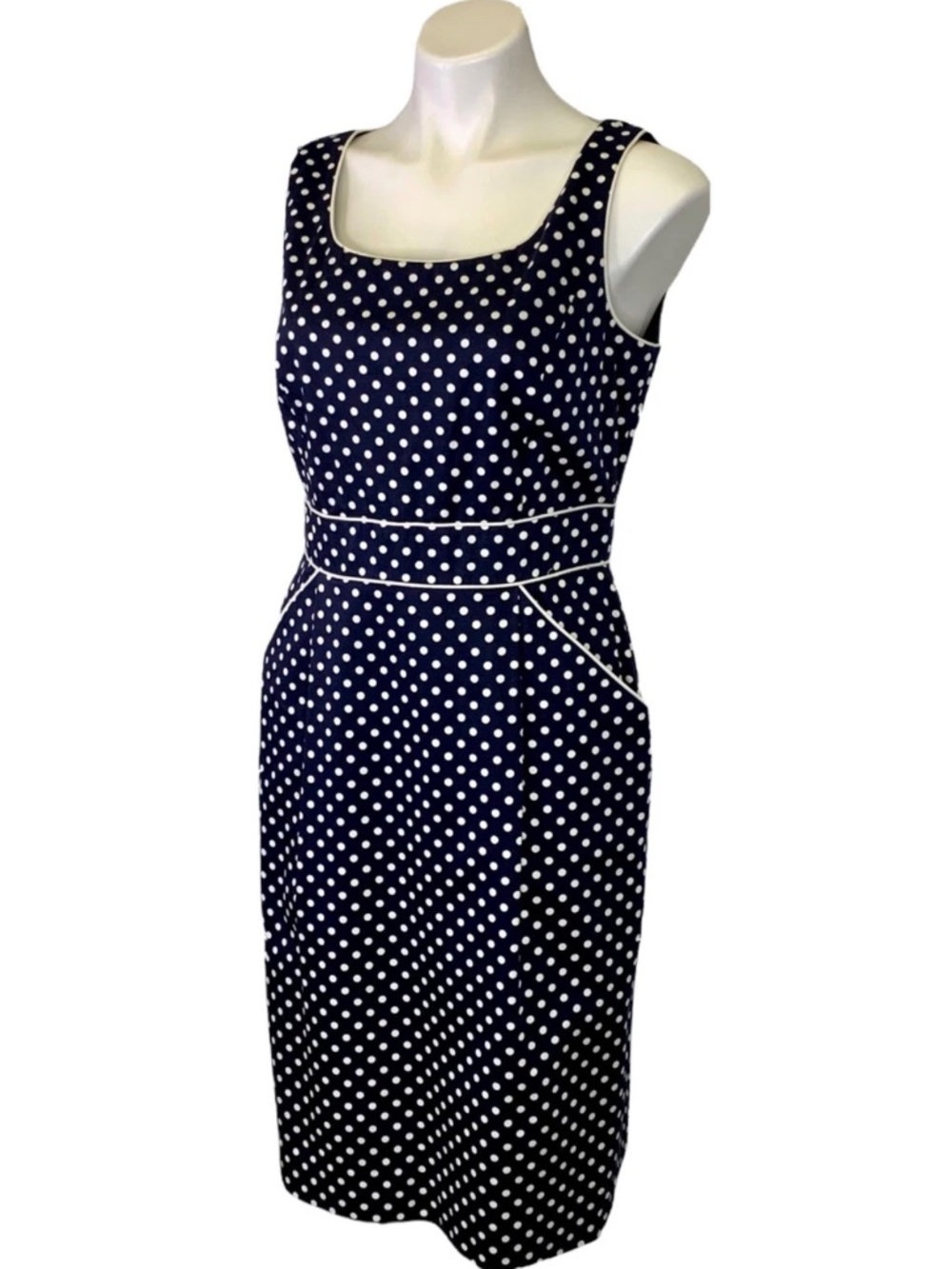 Tahari Cotton Sleeveless Dress Sz. 6 Navy Blue Polka Dot Pockets Lined EUC